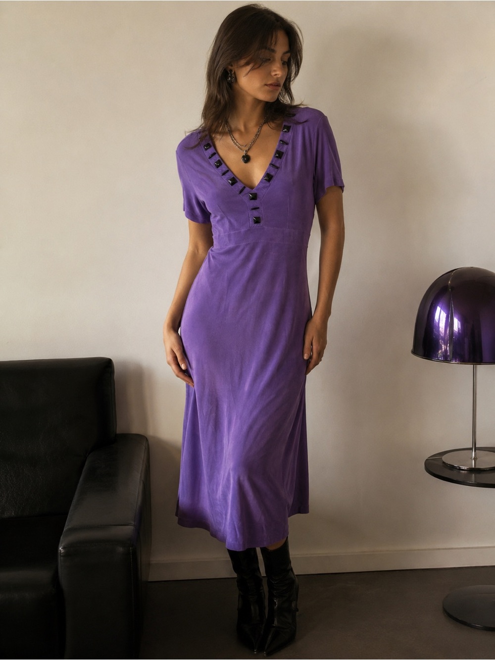 Vintage Purple Studded Slinky Midi Dress NWT Y2K Goth Glam USA